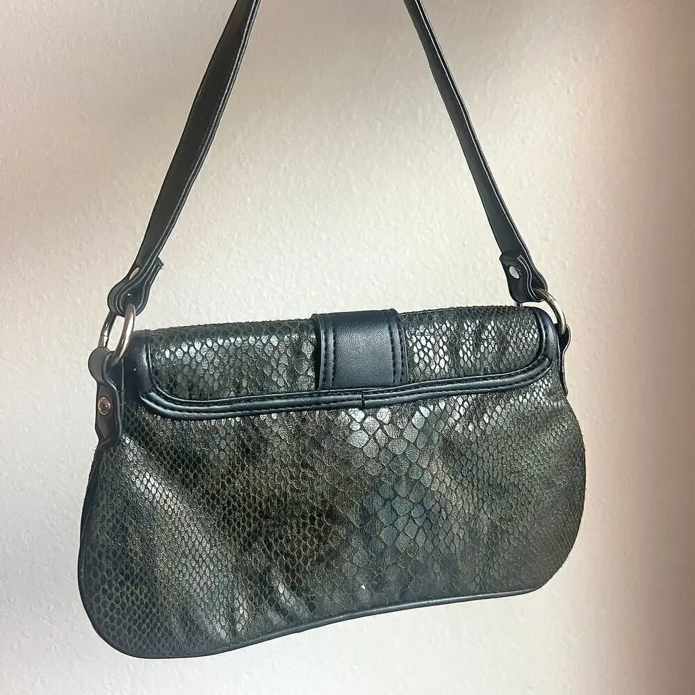 NEW Green Faux Leather Snake Print Rhinestone Buckle Handbag